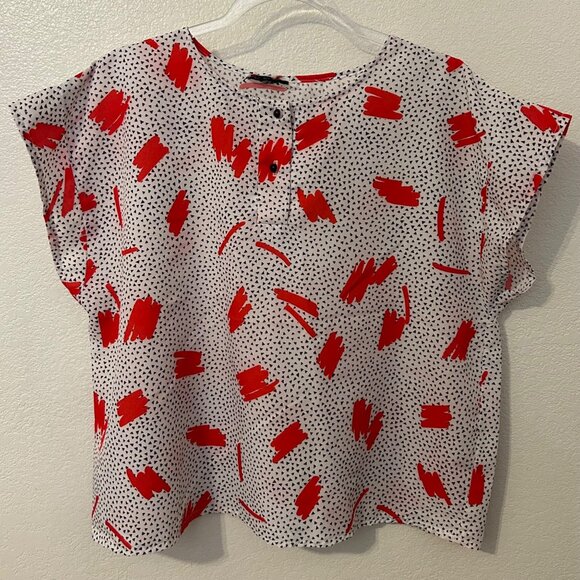 Vintage Rhapsody 1980s Print Womens White Red & Black Abstract Print Blouse FLAW - Picture 1 of 8